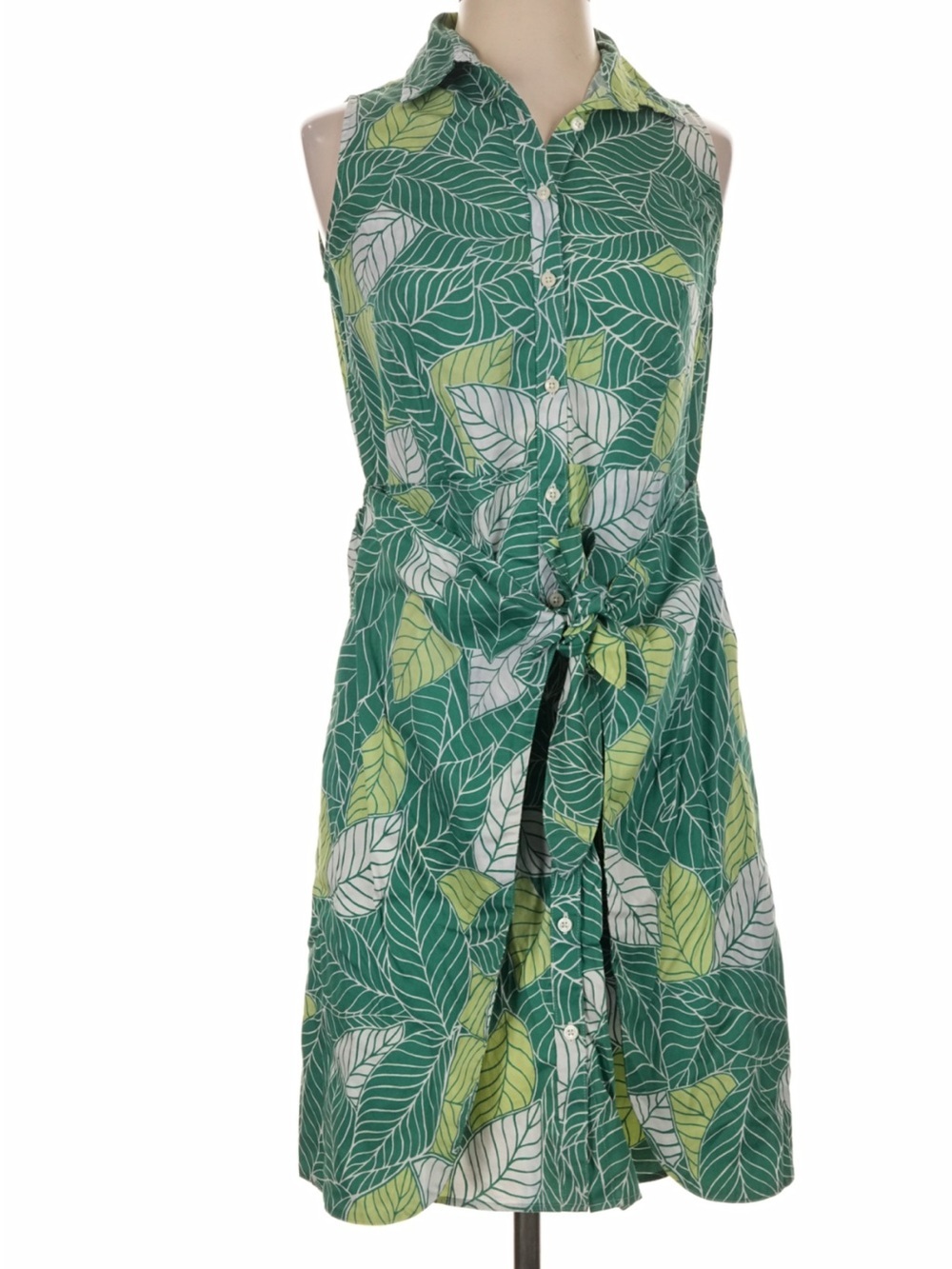 UNTUCKit "Poppy" green leaf print shirt dress wrap-style tie waist 10